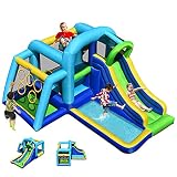 Diseño seguro y accesorios suaves: la zona de salto está rodeada de una red completa y transpirable para garantizar la seguridad de los niños. Viene con manguera, bolsa de transporte, estacas de salto para estabilidad y kit de reparación. Este castillo hinchable es adecuado para jugar en interiores y exteriores.