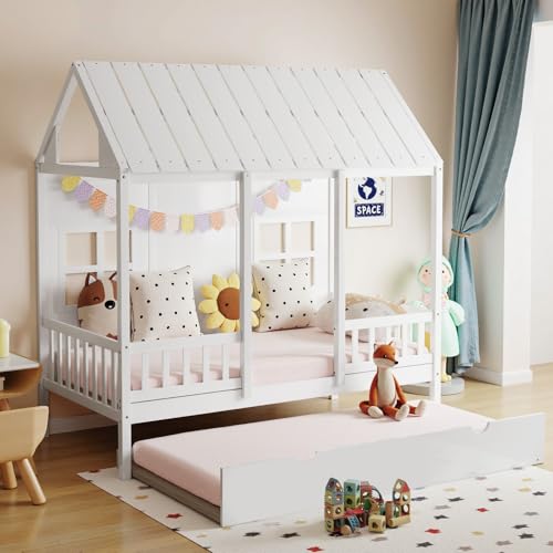 Sweetcrispy Twin House Bed with Trundle, 77.95'' Wooden Playhouse Bed Frame for Kids with Safety Rails & Window, Freely Decorative Roof, Kids Bed for Teens Boys Girls Bedroom