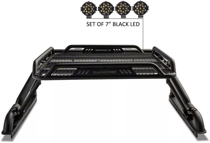 Black Horse WARRIOR Roll Bar incl. pair of 7.0"Dia.LED Lights w/ Black Trim Rings Compatible with 1/2 TON Trucks (GM Silverado 14+/Ford F150 15+/Dodge RAM 15+) with Full Size Cargo Basket