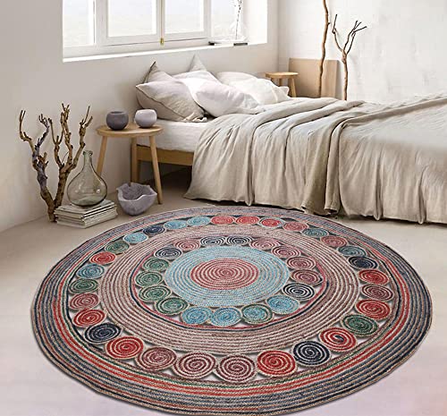Tapis en jute multicolore rond 1,2m géométrique de salon durable - 2