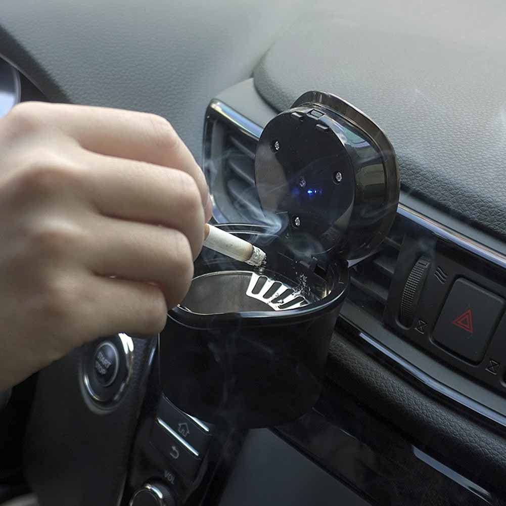 Surakey Car Ashtray Detachable Car Ashtray with Lid Blue LED Light Indicator Windproof Removable Holder Trash Can for Car Home Office and Travel (with Battery) Black