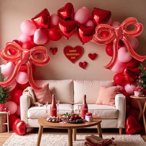 Image of 4 Pcs Red Bow Balloons Bow Party Decorations for Girl Women Red Bow Birthday Decorations Giant Foil Balloon for Baby Shower Engagement Wedding Christmas Decor Bachelorette Party Supplies