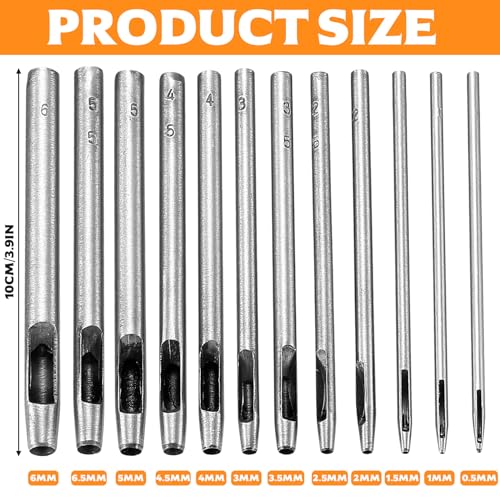 12 Stück Stanzwerkzeug Set, Locheisen Set, Lochstanzer, Edelstahl Runde Hohl Locheisen Satz für Leder Uhrenarmband Stoff Kleidung Leinwand Gürtel Locher Werkzeug(Silber, 0.5-6mm)