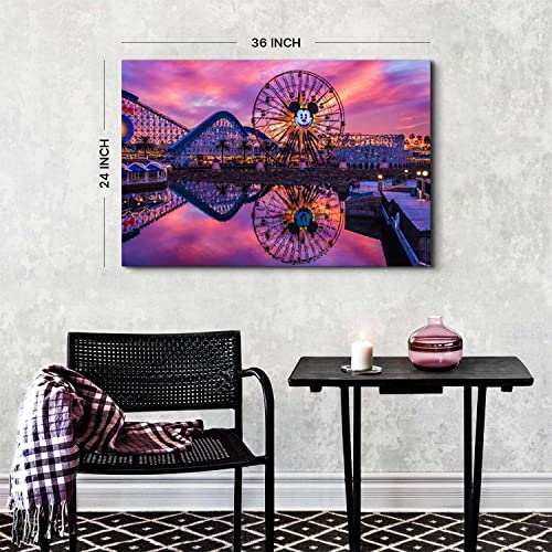 Image of Nature Disney Wall Art Canvas Prints for Living Room, Sunset Disneyland Scenery Picture Decor Purple Mickey Ferris Wheel Landscape Painting Poster Panoramic Artwork Bedroom Kitchen Decoration 24x36 inch