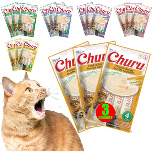 Churu Patê Gatos Kit 3 Sabores Variados Atum Galinha Queijo Camarão Salmão Caranguejo Frango para Ad