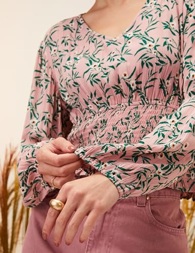 Image of Amazon Brand - Eden & Ivy Women Floral Crinkled Rayon V-Neck Long Sleeve Regular Fit Crop Top (Available in Plus Sizes)