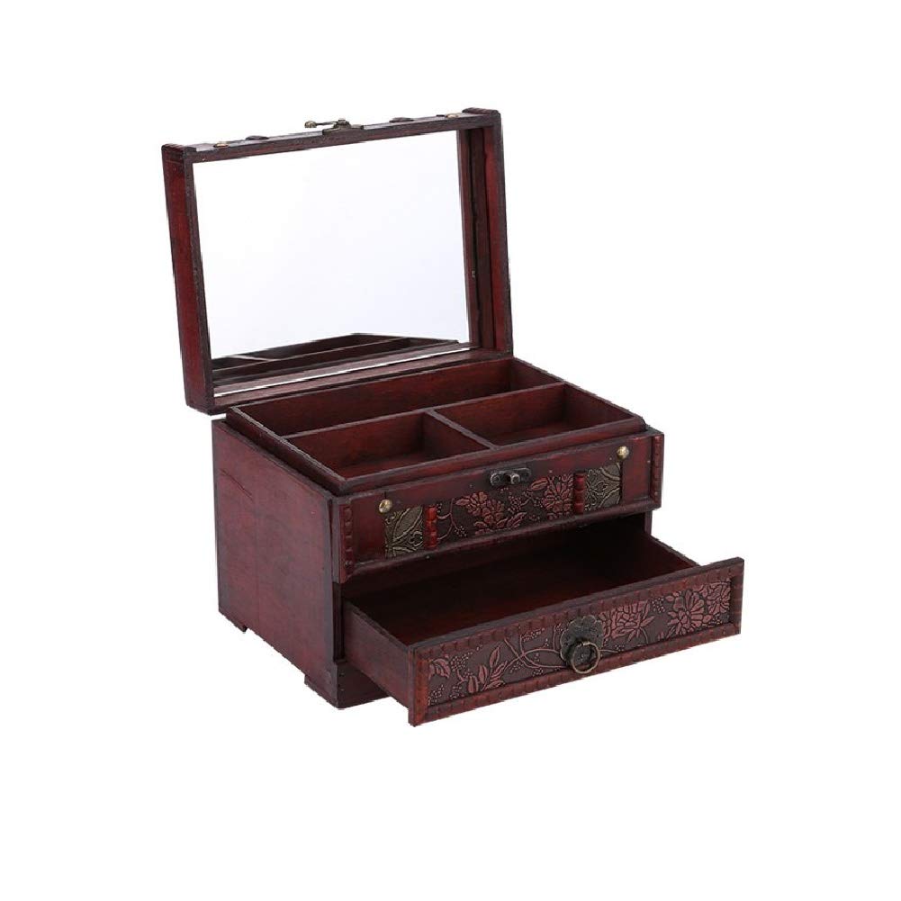 Cofre de joyería, 1 caja de almacenamiento clásica de madera para joyas, organizador de pecho con espejo para Navidad, día de San Valentín, día de la madre, regalos de cumpleaños