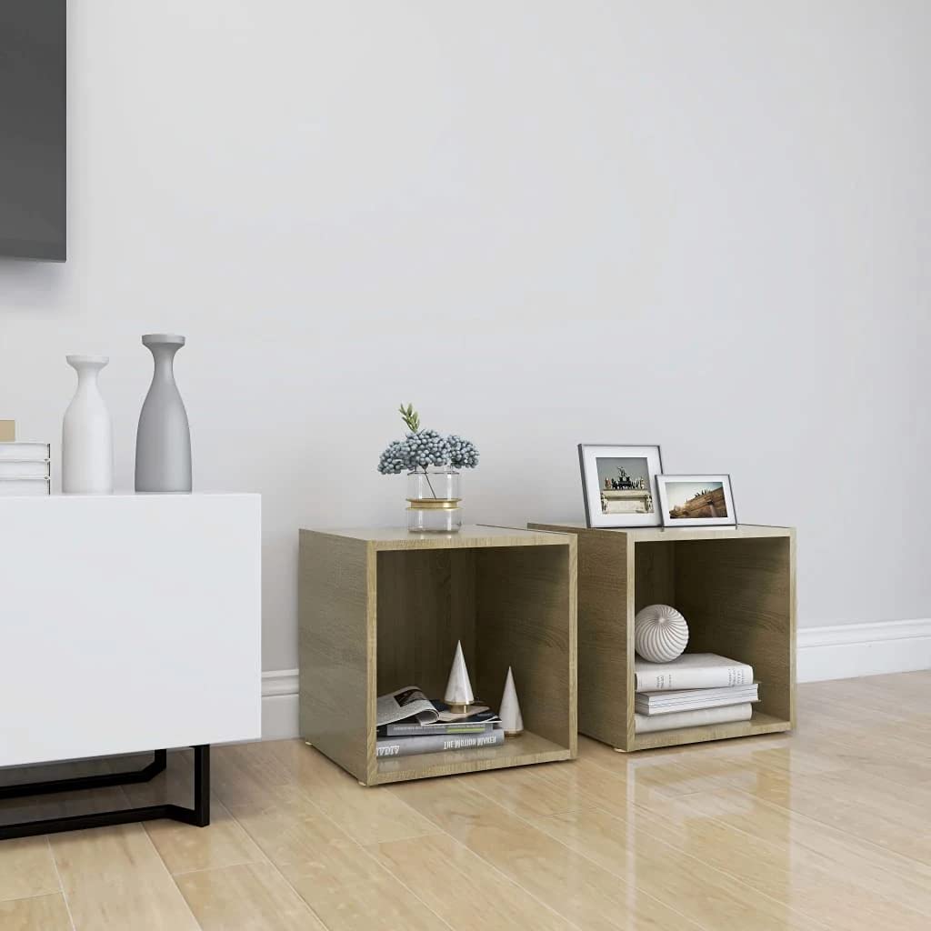 2X TV Cabinets Stereo Lowboard Unit Bedroom Living Room Furniture Entertainment Centre HiFi TV Unit Chipboard 37x35×37 cm White and Sonoma Oak