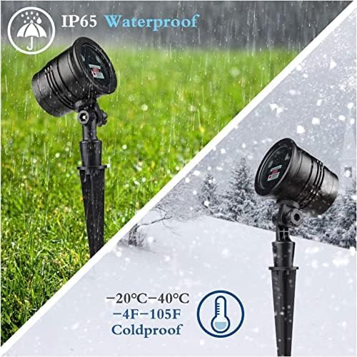 The projector light shown outdoors in both rain and snow, demonstrating its IP65 waterproof rating and cold resistance (-20°C to 40°C).