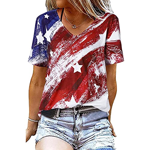 Gliglittr Women American Flag T Shirt Usa Star Stripes 4Th Of July Tee Shirts V Neck Patriotic Tie Dye Color Block Summer Top (Tie Dye-B, X-Large, X_L) #TOP17