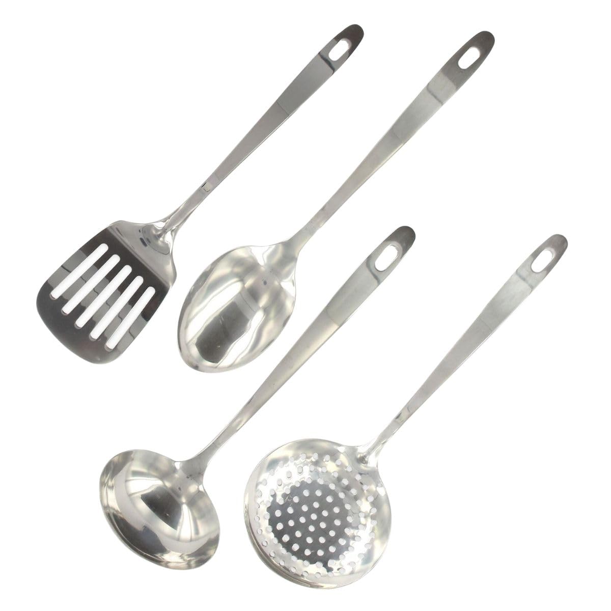 Fackelmann 9908950 4-Piece Stainless Steel Kitchen Utensils Set, Kitchen Ladle, Serving Spoon, Skimmer, Kitchen Spatula, Stainless Steel, 32 x 8 x 3 cm
