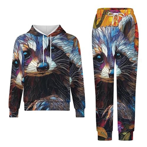Boys Girls Sweatshirt Set Kid 2 Piece Pullover Hoodie Jogger Sweatpants, Raccoon Stained Glass Art4