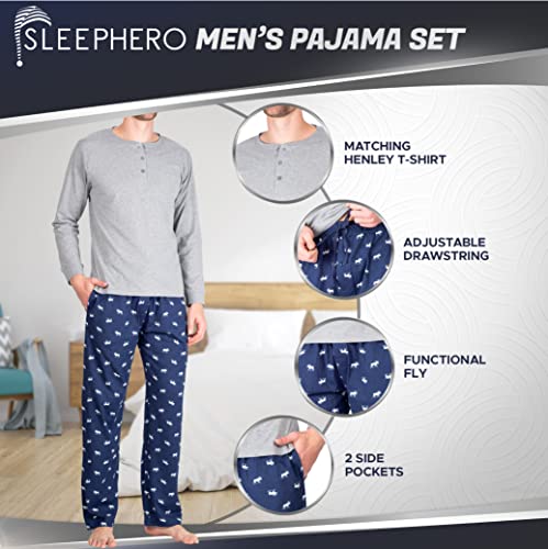 Sleephero Fathers Day Men’s Pajama Set Pajamas For Men 2 Piece Pj Set With Cotton Knit Men Pajama Pants And Long Sleeve Henley T-Shirt Grey With Moose Xx-Large #TOP1