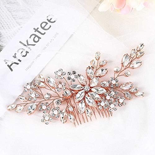 Catery Flower Crystal Bride Wedding Hair Comb Hair Accessories with Pearl Bridal Side Combs Headpiece for Women (Rose Gold)