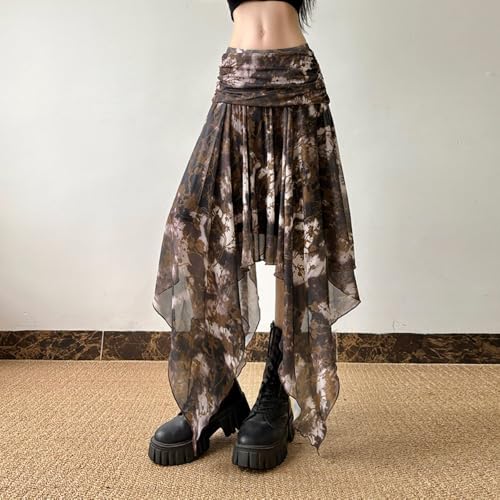 Women's Brown Mesh Y2K Skirts Gothic Irregular Cute Skirts Ruched Waist Club Rave Mini Skirts3