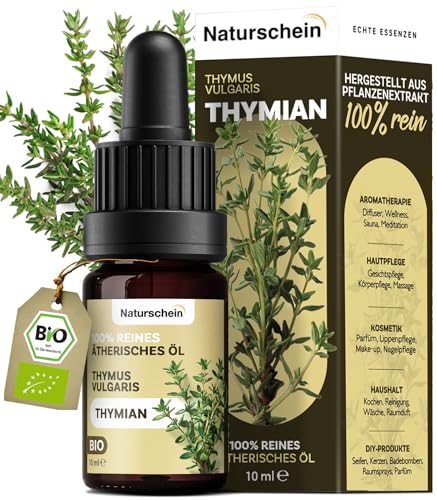 Naturschein BIO Thymianöl 10ml [100% Naturrein] | Ätherisches Öl mit natürlichem Thymolgehalt | Für Aromatherapie Hautpflege & Küche | Bio-zertifiziert & vielseitig einsetzbar (Thymus Vulgaris)