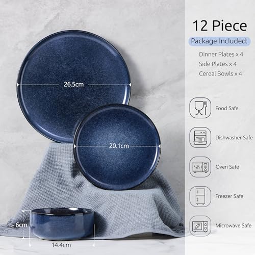 Homikit 12 Piece Dinner Set, Reactive Glaze Kitchen Dinnerware Sets for 4, Elegant Stoneware Included Plates and Bowls, Non-Scratch & Sturdy, Dishwasher & Microwave Safe, Nebulas Blue - Image 3