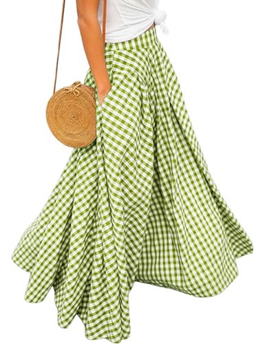 Mansy Summer Maxi Skirt Gingham Plaid Elastic High Waist Flare Pleated Casual Long Skirts for Women with Pockets Green-S
