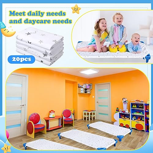 Image of Macarrie 20 Pcs Cot Sheets for Daycare Bulk - 23 inch x 51 inch, Standard Pure Cotton Soft Breathable Fitted Crib Sheet for Child Boys Girls Daycare Essential for Toddler Preschool(White,Star Moon Style)