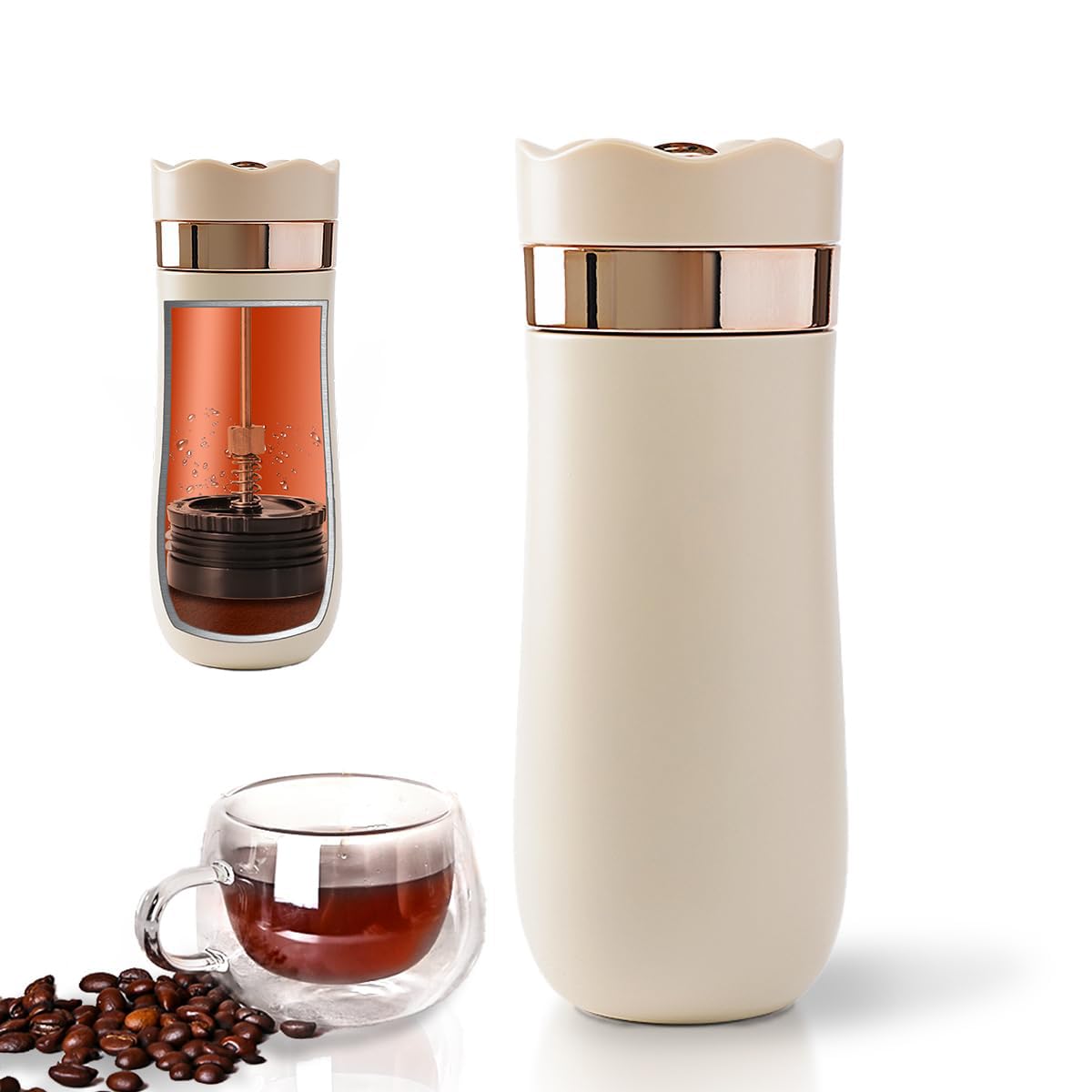 NALACAL Portable French Press Travel Coffee Maker, Double Walled Stainless Steel Vacuum Insulated Coffee Maker and Tea Maker, 12 Ounce, Mini Vacuum Mug Filter Coffee Cup for Travel (Lvory)