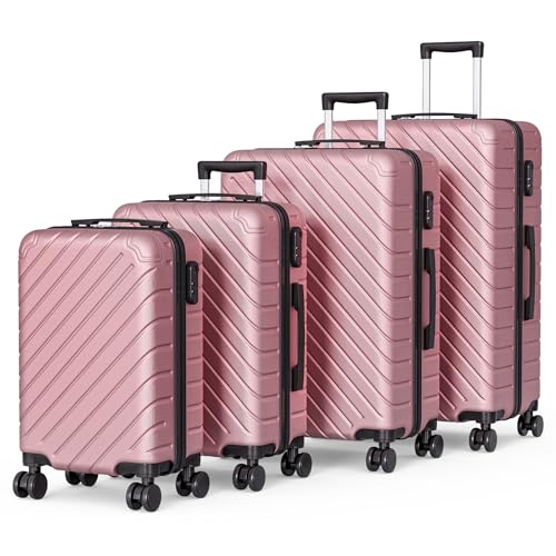 Apelila 4 Piece Hardshell Luggage Sets,Travel Suitcase,Carry On Luggage with Spinner Wheels Free Cover&Hanger Inside4PC (ROSE GOLD line)