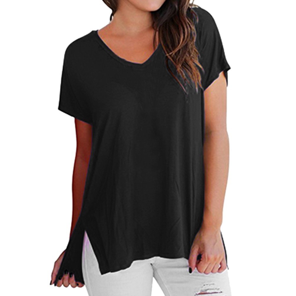 WUDUBE Women's Front Short Back Long Side Slit Split V-Neck Short Sleeve Loose T-Shirt Basic Plain Casual Tees Shirt Blouse Black