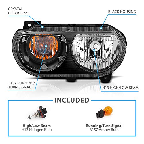 Amerilite Black Replacement Headlights For 2009-2014 Dodge Challenger (Pair) High/Low Halogen Bulb Included #TOP4