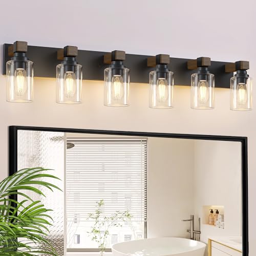 Image of Farmhouse Bathroom Vanity Light Fixtures, Rustic 6-Light Wood Vanity Lights for Bathroom, Vintage Black Wall Sconces Lighting, Light fixtures Over Mirror, with Glass Shade