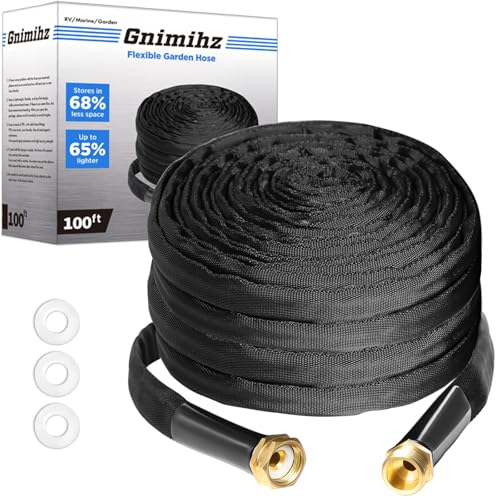 Gnimihz Garden Hose 100ft, Made of TPE(Not PVC), Ultra-Light & Flexible Water Hose with Solid Brass Fittings, Non-Shrinking, Easy to Storage, Drinking Water Safe Material, All-weather, Black, Newbox