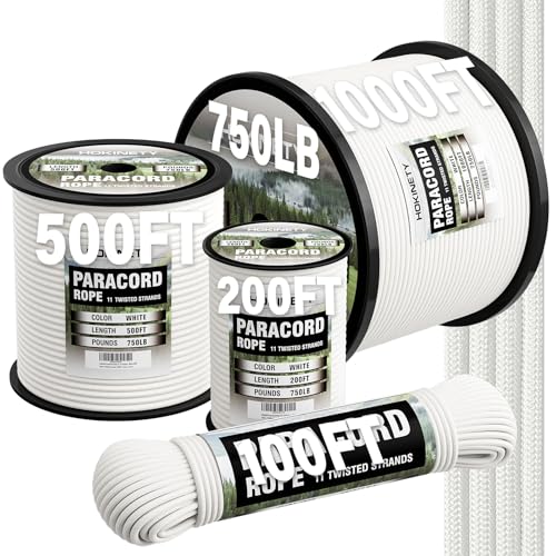 HOKINETY Paracord Rope 750 - Parachute para Cord 4mm 11 Strand Spool Rope Utility Nylon String for Outdoor Camping Survival Utility Tent Crafting DIY Projects - White 100ft