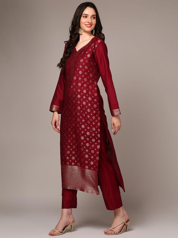 Image of Vaamsi Women's Chanderi Ethnic Motifs Woven Design Straight Kurta Pant With Dupatta With Cotton Inner