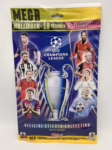 MEGA Multipack da 10 bustine + 1 Bonus Pack per la collezione di figurine Topps Champions League 2024/25. Ogni bustina contiene 6 adesivi.