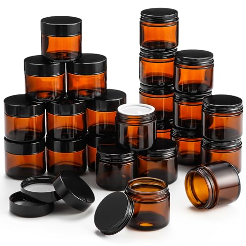 Domensi 48 Pcs 2 oz Amber Glass Jars with Sturdy Lids in 2 Materials Leakproof Empty Cosmetic Jars with Inner Liners Lid for Handmade Face Cream Lotions Powder Oils Spices Ointments Candle Paint
