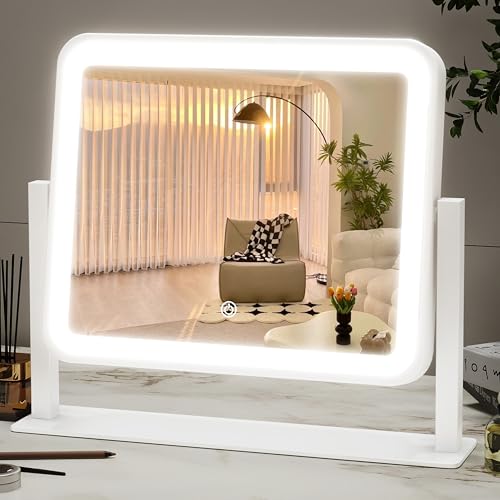 Image of ROLOVE 14 inchx12 inchVanity Mirror, Lighted Makeup Mirror for Vanity Desk, Smart Touch Control, 360 Rotation, 3-Color Modes, Gifts for Women, Bedroom, White