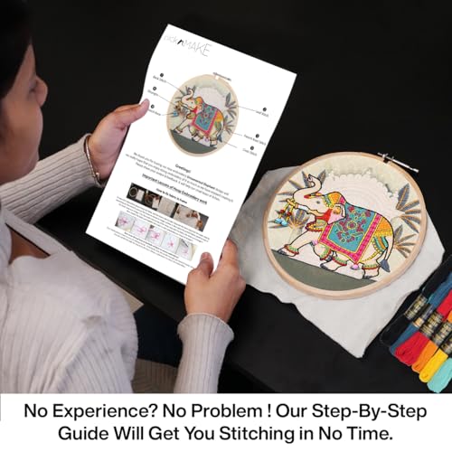 Image of picknMAKE Colorful Royal Elephant Hand Embroidery Kit for Beginners, Adults & Kids - Digital Printed Fabric, Threads, Needles, Ghoongru & Instructions - DIY Embroidery Set