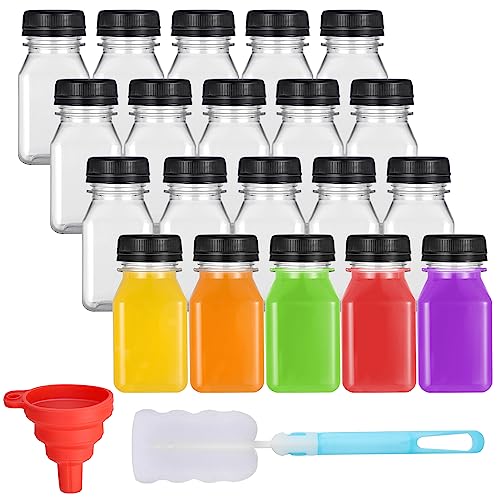 Opopark 20 Pack 4oz/120ml Plastic Juice Bottles with Black Lids, with Pouring Funnel and Brush, Empty Reusable Drink Containers for Smoothie Juice Milk, Water and Other Beverages, Black,transparent