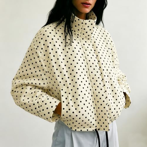 YNCSZEC Women Polka Dot Stand Collar Jacket Long Sleeve Zip Up Drawstring Lightweight Casual Fashion Outerwear with Pockets Khaki women jackets fall S - image 2