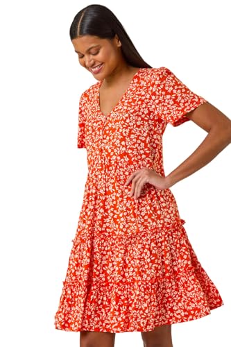 Roman Originals Smock Dress for Women UK Ladies Cotton Summer Embroidered Frilled Tiered Casual Beach Cruise Holiday Cocktail Party 3/4 Sleeve Pull On Gathered Skirt - Orange - Size 16