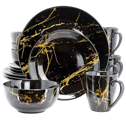 Elama Fine Marble 16 Piece Glossy Round Porcelain Dinnerware Set Black and Gold, Tableware Set, Serveware Set (Black)