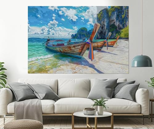 Tableau de plage avec bateaux et île tropicale pour salon 50x75cm