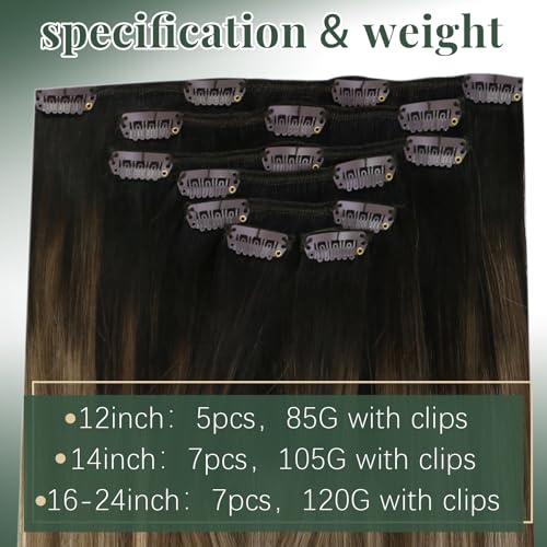 Image of Ugeat Clip in Hair Extensions Human Hair Brown Balayage 14 Inch 7pcs 105g | Human Hair Clip in Extensions , Dark Brown Balayage Chocolate Brown