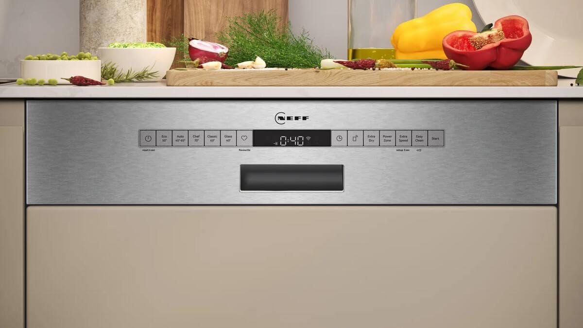 NEFF S145EVS04E, N 50, lavavajillas inteligente parcialmente integrado, 60 cm, cajón para cubiertos, sistema de cesta Flex II, programa favorito, fuerte rendimiento de limpieza, apertura automática de
