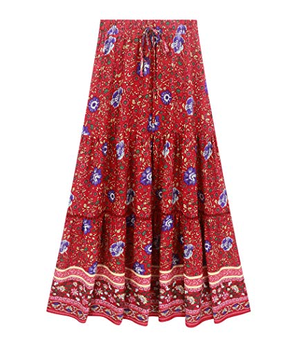 R.Vivimos Womens Summer Cotton Vintage Floral Print Boho Casual Long Skirt (Medium, Red)