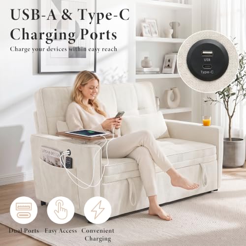 Image of Dreamzie 54'' Convertible Sleeper Sofa Bed with Swivel Side Table, Chenille Pull Out Couch for Living Room, Loveseat Sleeper Couch with Side Pocket | Charging Port | Cup Holder, Beige