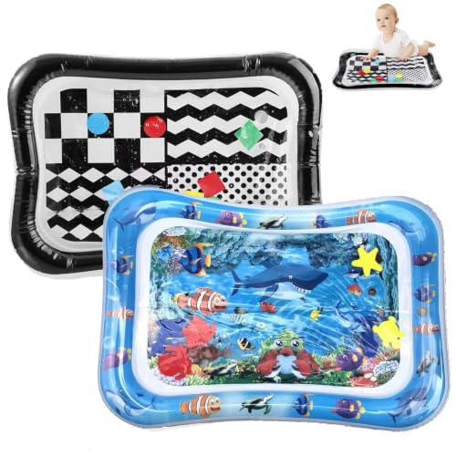 PandaEar 2-Pack Tummy Time Water Mat for Baby 3-36 Months - High Contrast Black & White + Ocean Sensory Play Mat - BPA-Free Leak-Proof Inflatable Infant Toys for Brain Development & Motor Skills