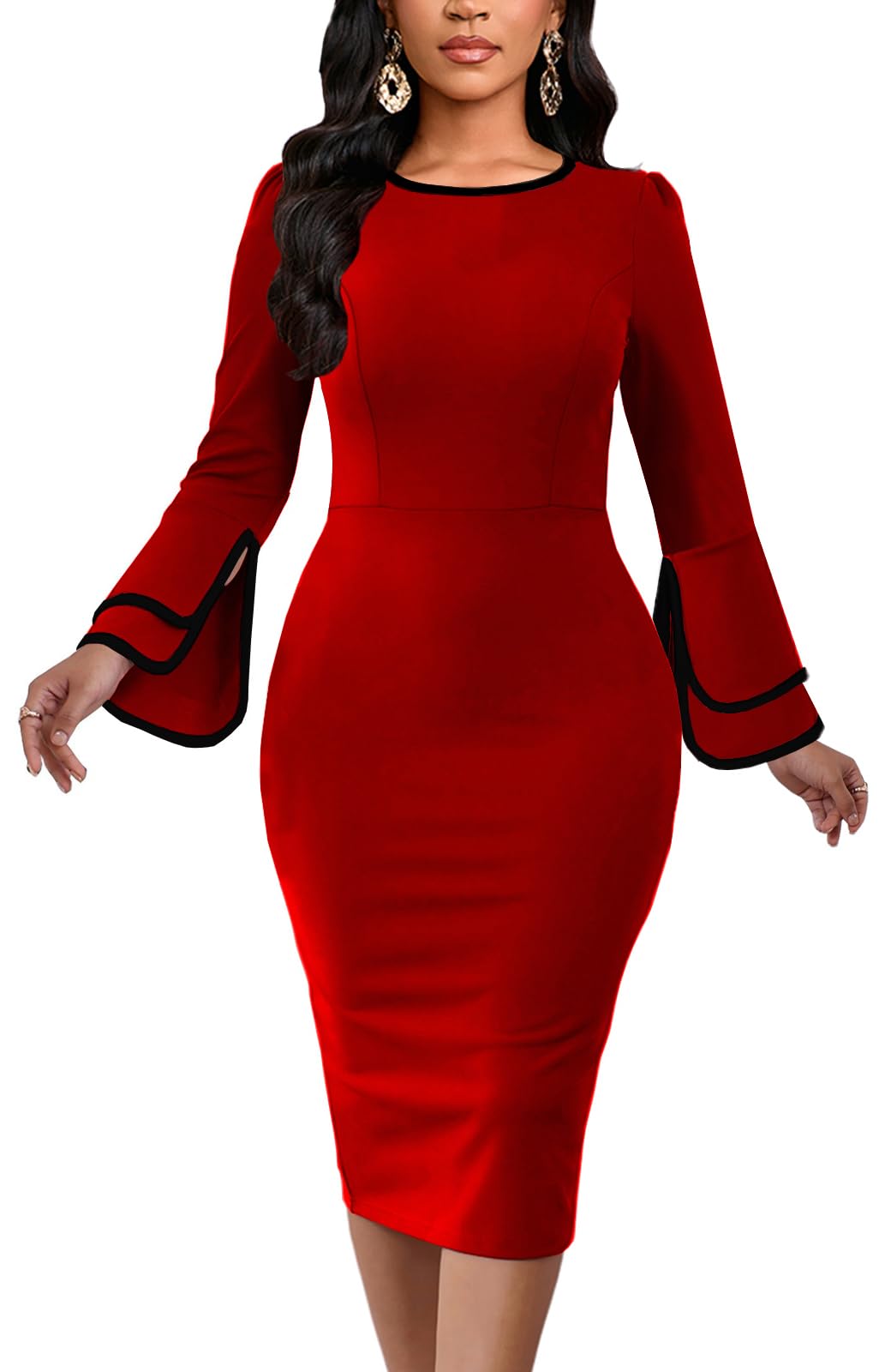 Church Dress for Women Flared Sleeve Midi Pencil Dress Elegant Teacher Office Business Wear to Work Dresses