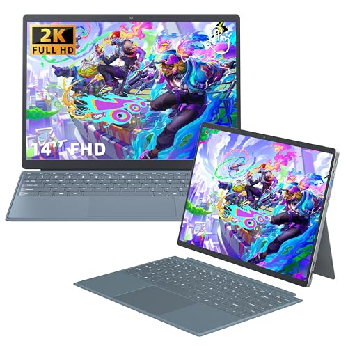 Image of 14 inch 2-in-1 Laptop Tablet, In tel N95 Up to 3.4GHz, 512GB NVME SSD 16GB RAM, 2K FHD IPS Touchscreen, Win 11 Pro PC, Detachable Keyboard, Stylus Pen Support, Ultra-Portable for Business & Student