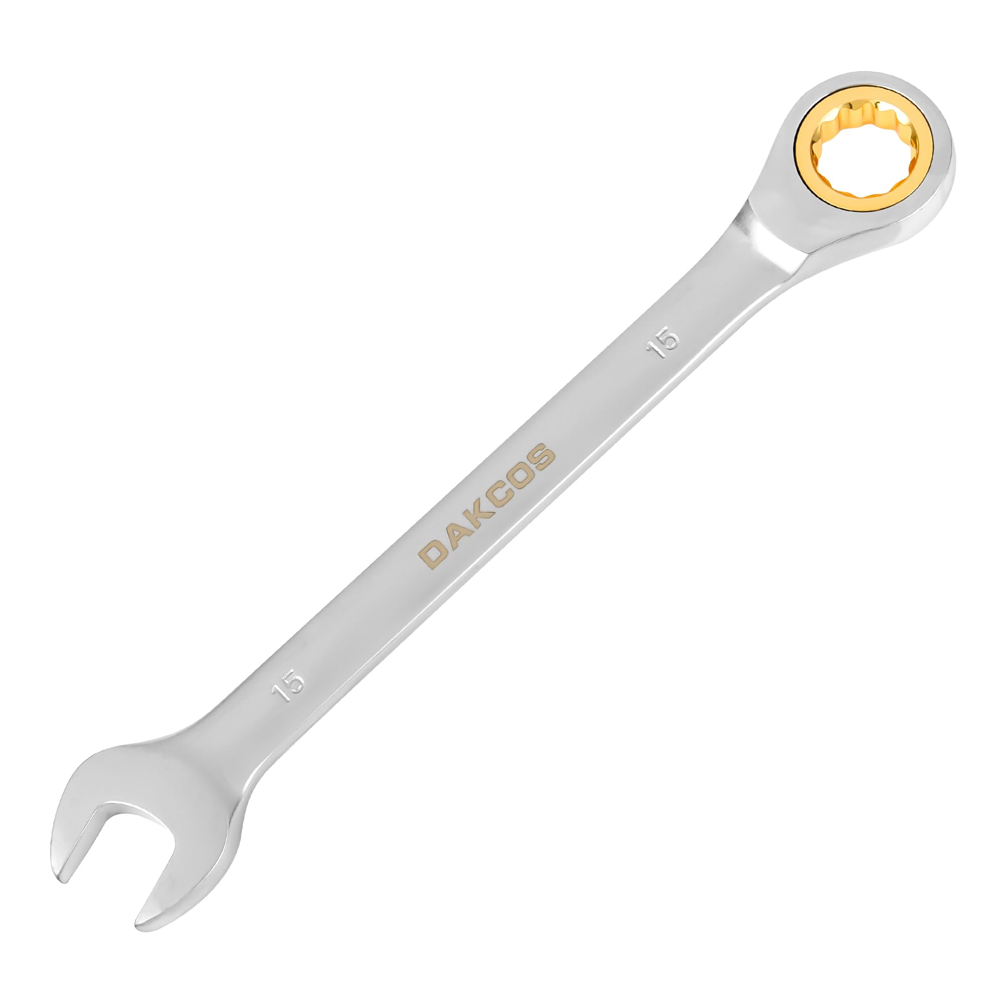 DAKCOS Fixed Head Ratchet Spanner 15mm Ratcheting Combination Wrench Chrome Vanadium Steel