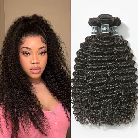 ASHINE Hair Bundles Deep Curly Water Wave Unprocessed Cambodian Raw Hair Bundles Flip Over Quick Weave Wet and Wave Bundles Human Hair for Women Natural Black 16 18 20 Inch Cover