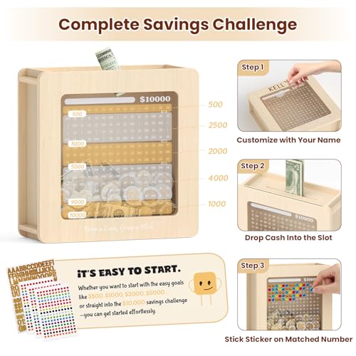 Image of Summidate Wooden Money Saving Box, Clear Window Cash Vault Savings Box -10000 Challenge with Tracker Stickers, Reusable Piggy Bank for Adults & Kids, Birthday /Baby Shower /Wedding Gift